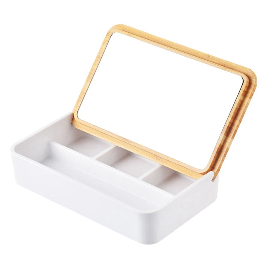 Jewelry Storage Box with Mirror Multi-Grid Dressing Case Organizer Container with Bamboo Cover for Necklace Earrings Rings Watch