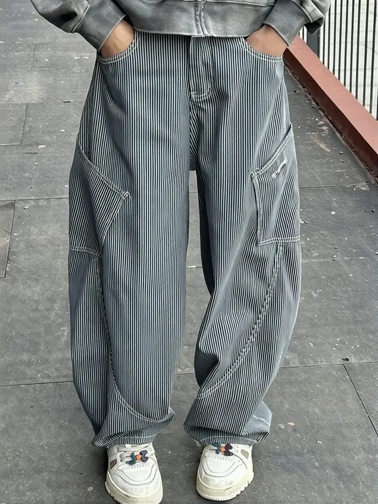 Vintage Striped Cargo Baggy Pants Men Streetwear Wide Leg Straight Trouser Casual Workwear Multi-pocket Loose Curved Pants