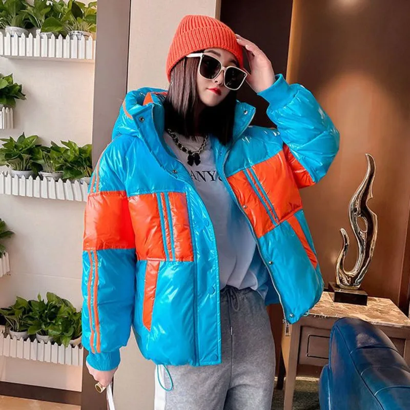 Fashion Hooded Glossy Stitching Jacket Women Winter Warm Short Cotton-padded Parkas Loose Hooded Bread Female Cotton Jacket