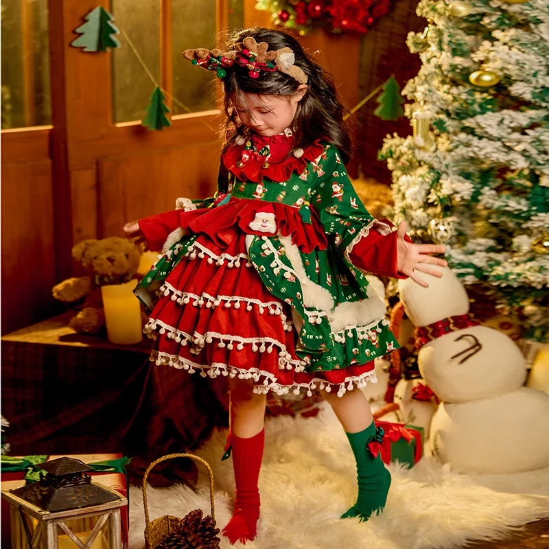 

Autumn Winter Children Christmas Dress Princess Cute Elk Lolita Dress For Girls Holiday Party Gift Clothing With Accessories Hat