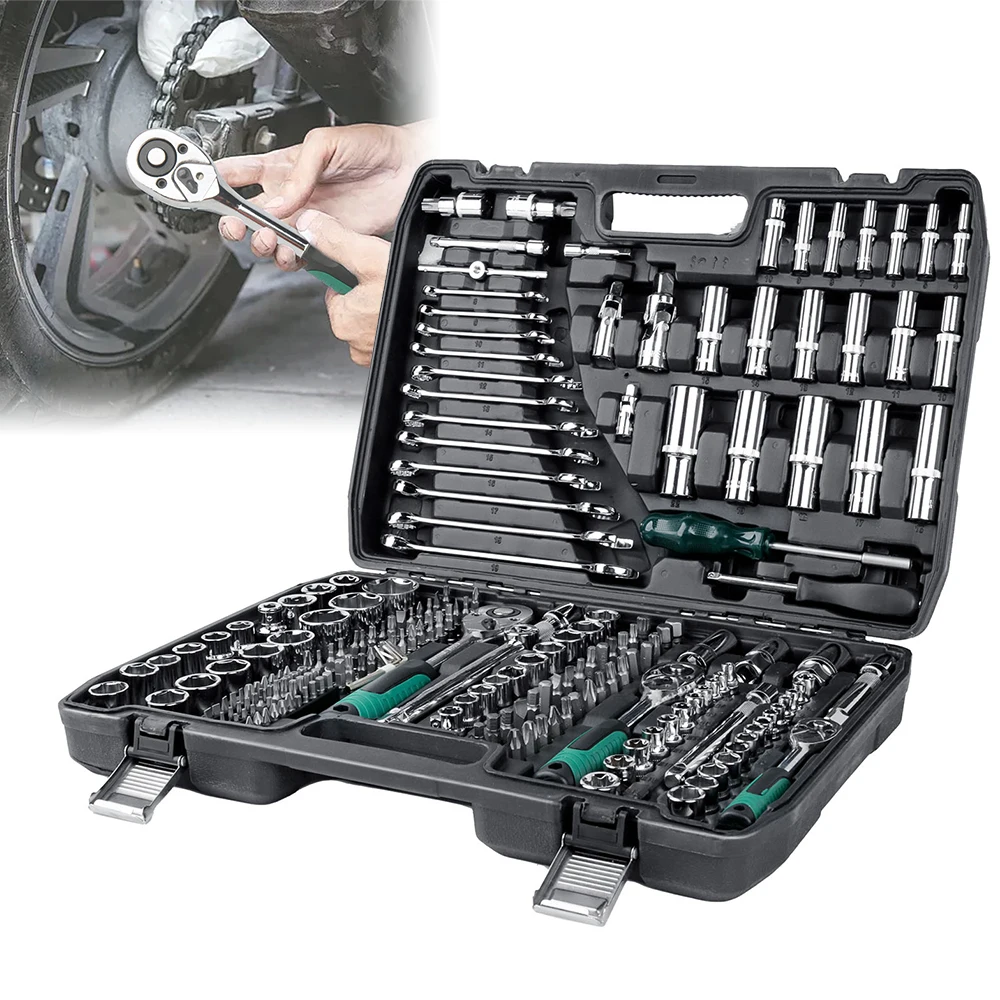Kit d'outils de réparation multifonctionnel 216 pièces, jeu de clés à cliquet en acier chrome-vanadium, mallette de réparation automobile, embouts de tournevis