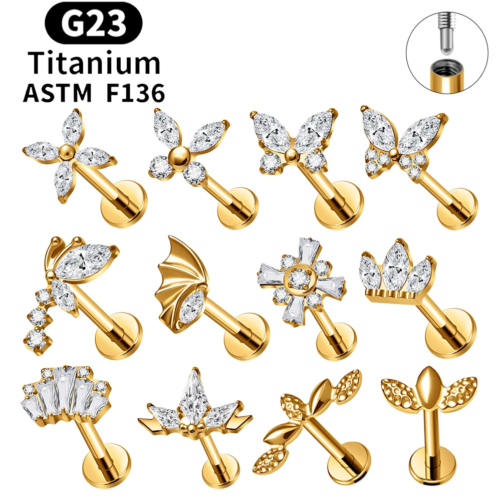 ASTM F136 Titan 16G Blumen-Helix-Ohrring mit CZ-Schmetterling, flacher Rückseite, Ohrloch-Piercing-Schmuck für Knorpel, Tragus, Conch und Ohrlippe