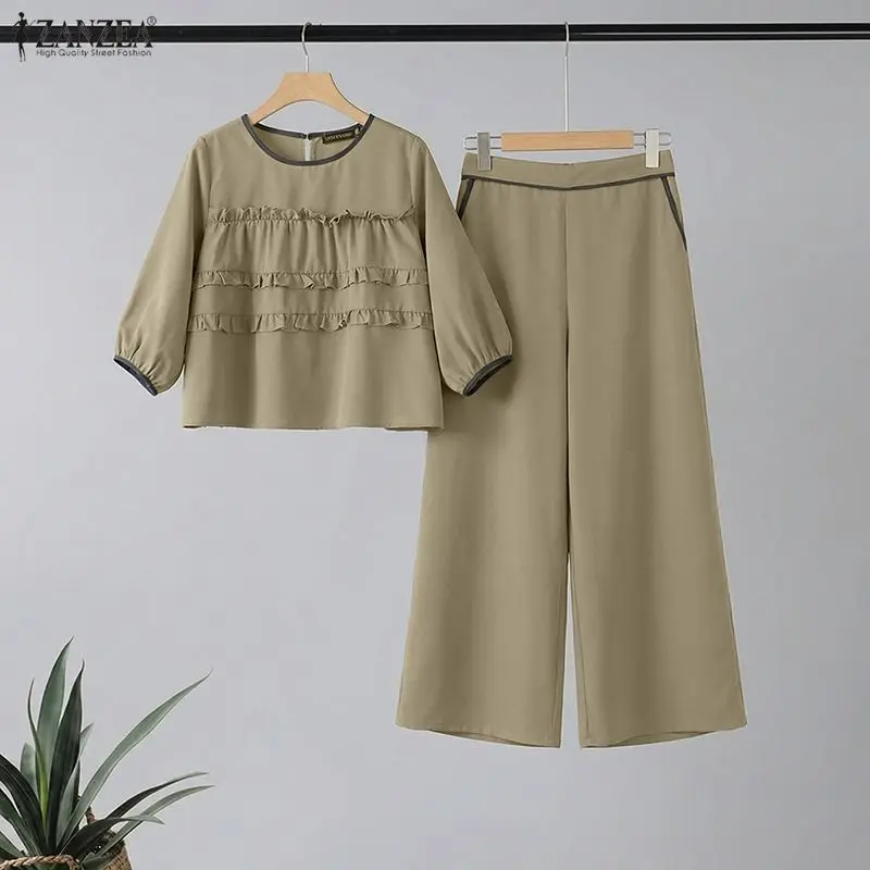 

ZANZEA Модный женский комплект из блузки с круглым вырезом и рукавом 3/4 и брюк, летне-весенний повседневный костюм из 2 предметов, лоскутный рабочий спортивный костюм