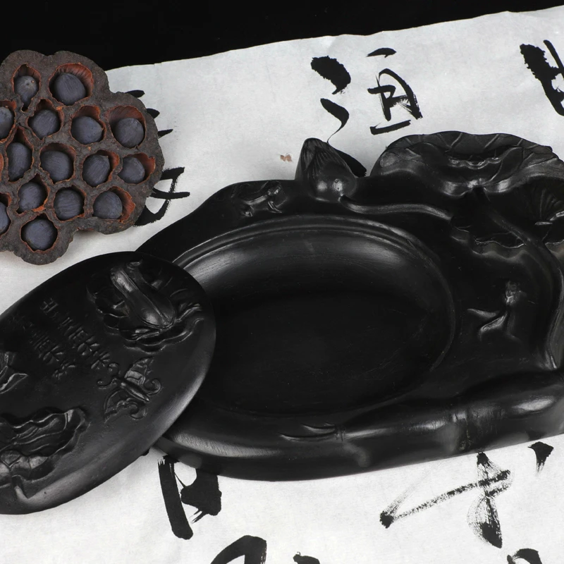 

Carving Ink Stone Lotus Shaped Natural Calligraphy Rock Grinding Inkstone Plate Chinese Painting Calligraphie Strong Ink Inkslab