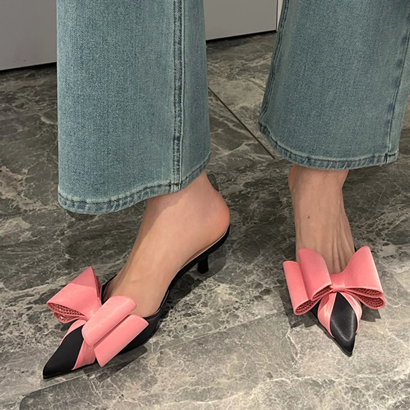 Liyke 2024 New Fashion Pink Rhinestone Butterfly-Knot Women Pumps Slippers Sandals Pointed Toe Low Thin Heels Mules Female Shoes