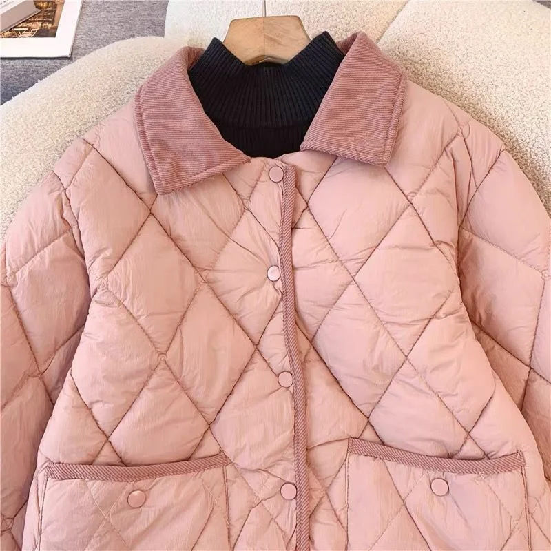 2025 New Women Cotton Jacket Parka Small Fragrant Style Lightweight Cotton Coat Winter Contrasting Color Corduroy Warm Outerwear
