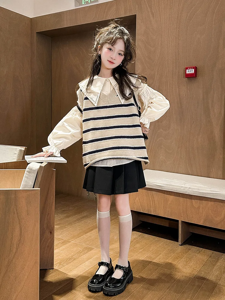 

Cute Sweet Girl Suit Girls' Spring and Autumn2024New Children's Cool Chic Korean Style Big Children's Spring Dress Three-Piece S