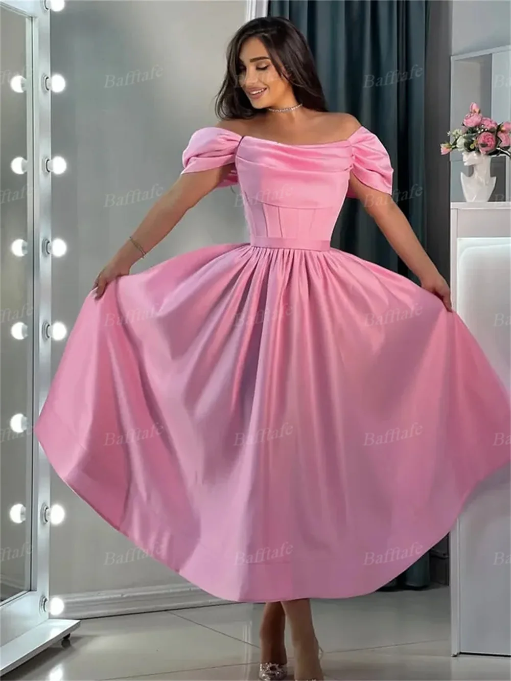 Bafftafe Hot Pink Satin Midi Customized Prom Evening Dresses Pleated Off The Shoulder Girl Homecoming Party Birthday Dress 2026