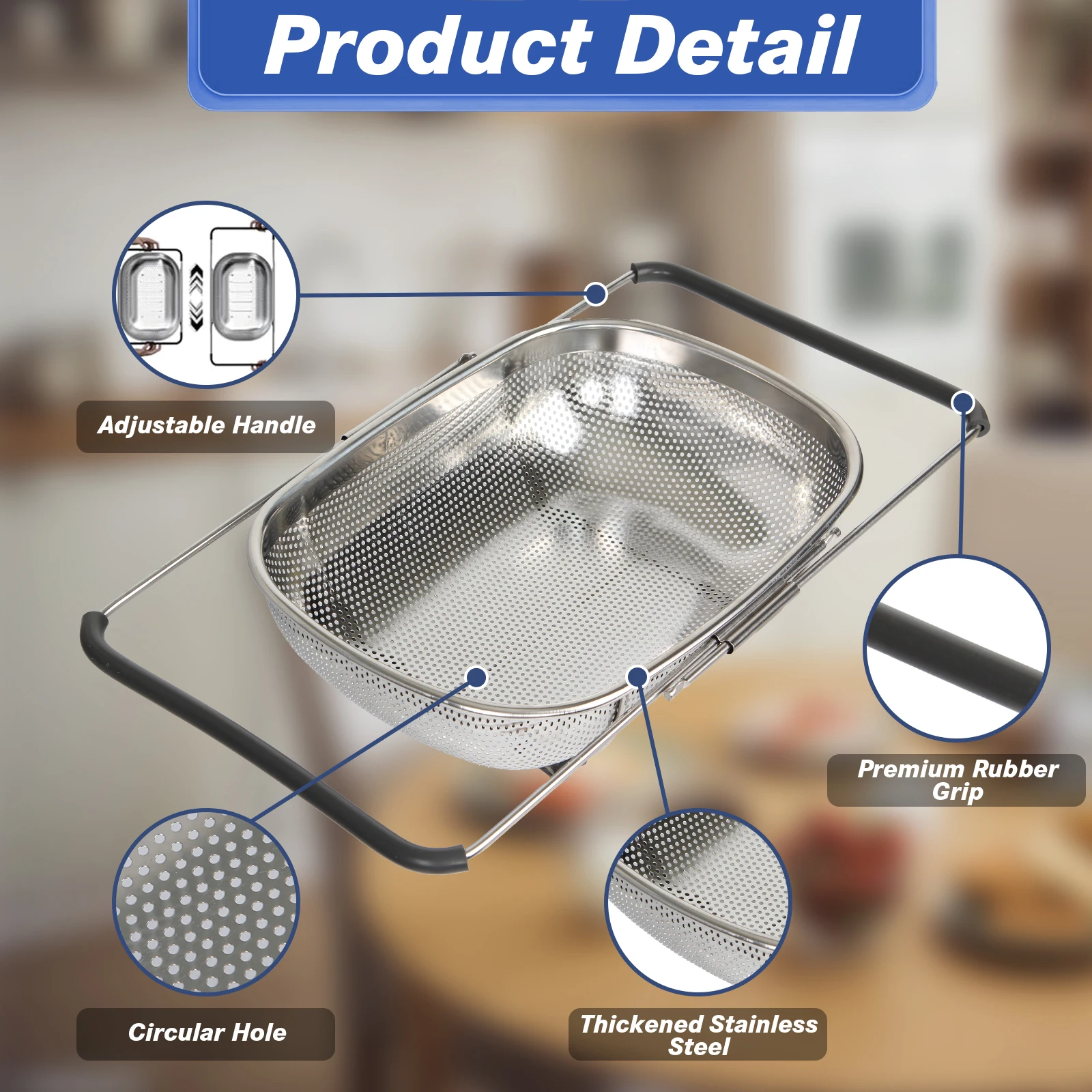 مجموعة مصفاة حوض من الفولاذ المقاوم للصدأ بمقبض تلسكوبي - سلة مصفاة شبكية معدنية لغسل الفواكه والخضروات #4