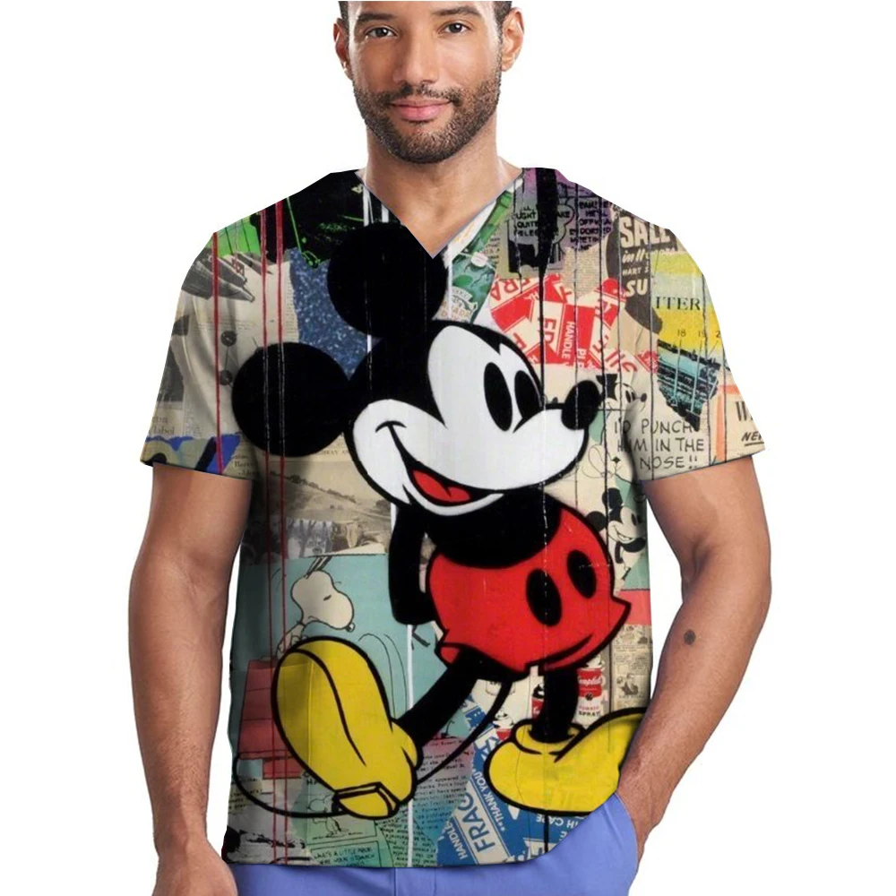 Chemisier pour femmes et hommes, uniforme médical chirurgical, imprimé Disney Mickey Mouse, vêtements de pharmacie, accessoires d'infirmière d'hôpital, gommage