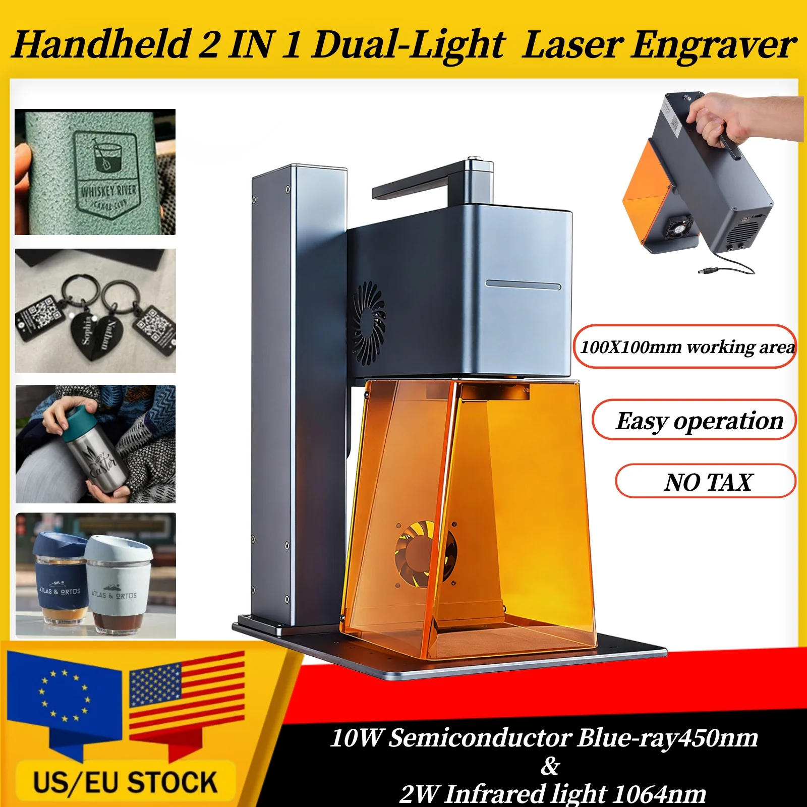 

Портативный портативный 10 Вт, 450 нм и 2 Вт, 1064 нм, 2 в 1, лазерный источник с двойной подсветкой, лазерный гравер, машина для маркировки дерева/металла/бутылки/кожи