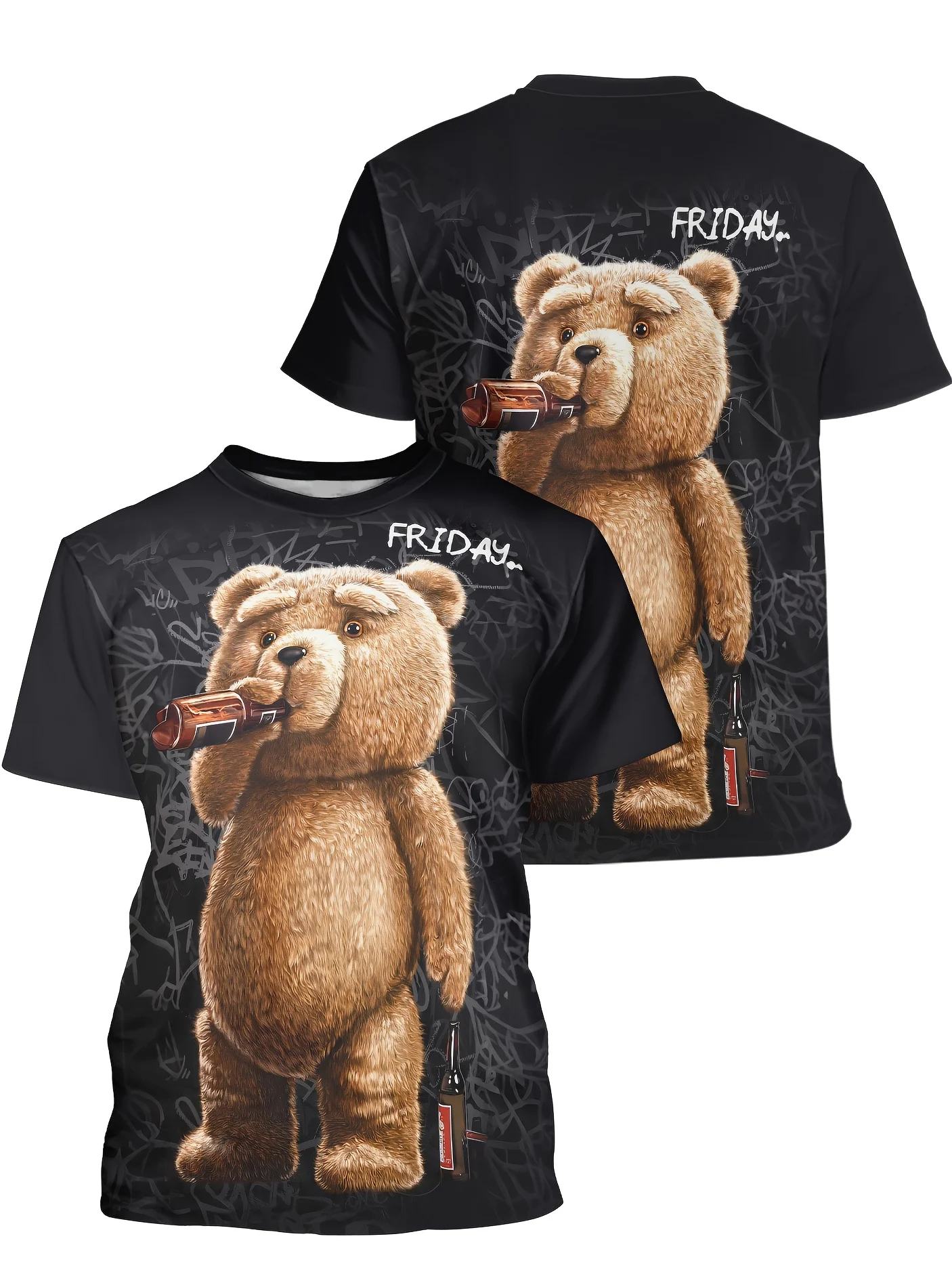 Men'S Funny Cartoon Bear Print T-Shirt,100% Polyester Knit Fabric,Casual Crew Neck Tee with Slight Stretch,Regular Fit - Black - Image 5