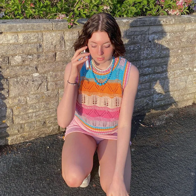 

Women Sweater Vest Lovely Crop Summer Knitted Thin Breathable Hollow Out Fashion Colorful Striped Students Femme Cozy Leisure