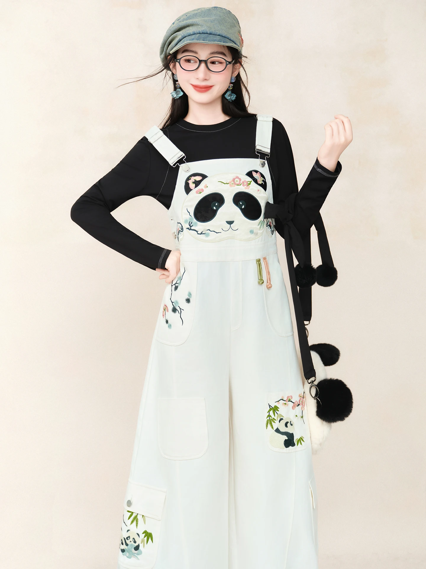 

Original Design Bamboo Snow Guest Pandas Series Jionhong Pants Spring New Sle Loose Workwear Overalls with Embroidery