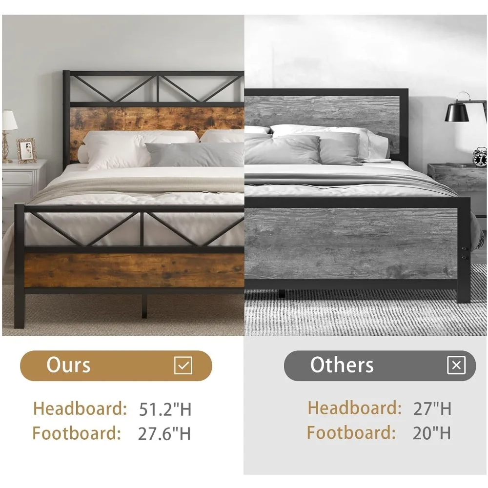 إطار سرير بحجم كينج مع لوح رأسي طويل 51.2 - شرائح معدنية شديدة التحمل، نمط منصة، لا حاجة إلى صندوق زنبركي #6