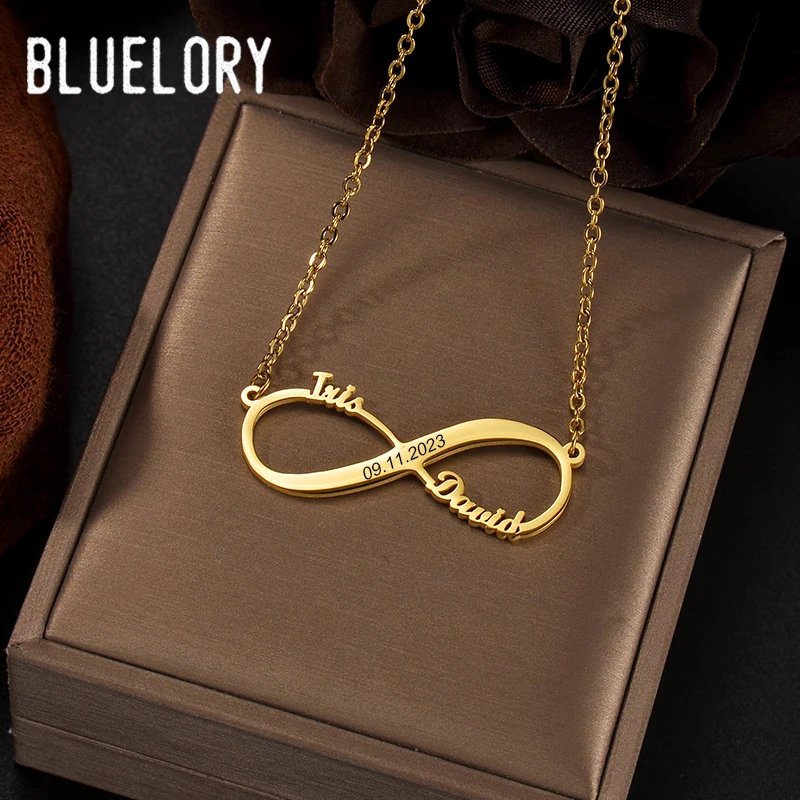 Bluelory Customized Name Necklaces For Women Girls Stainless Steel Engrave Date Nameplated Necklace With Infinity Jewelry Gift