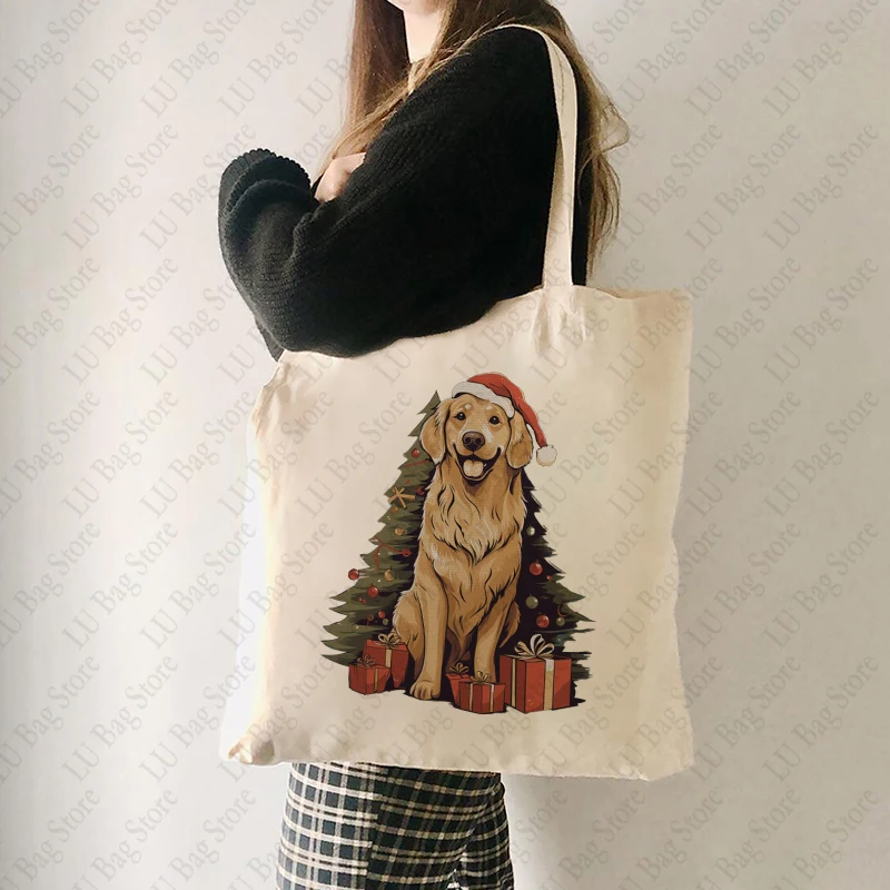 Bolso de mano con patrón navideño de árbol de Navidad y divertido Papá Noel Golden Retriever, bolsos de hombro de lona para el día a día, el mejor regalo para Navidad