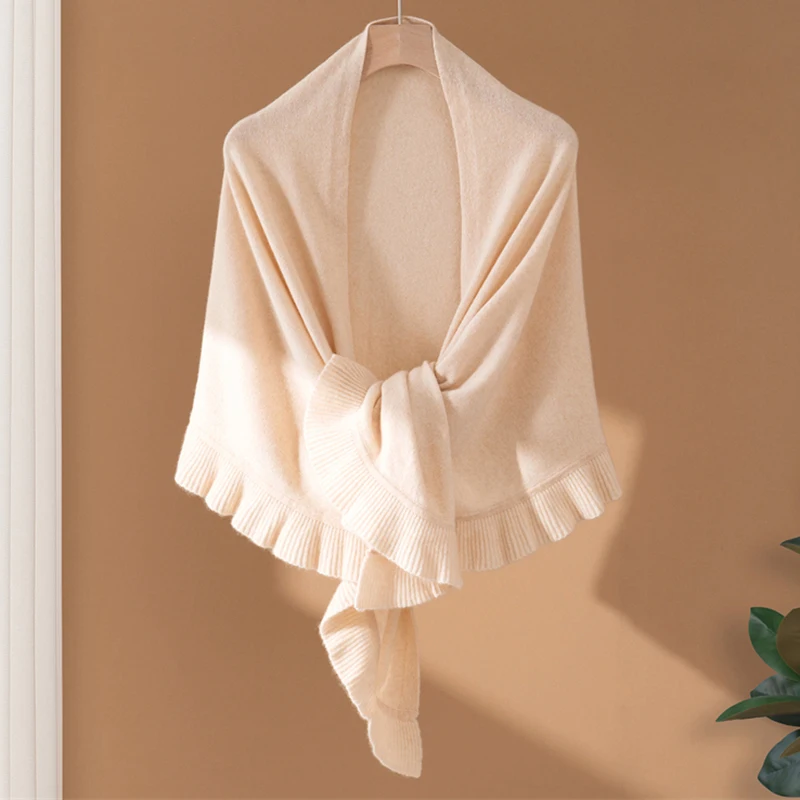 KOIJINSKY 35% Cashmere Ruffle Trim Knitted Shawl Scarf 170×50cm, Solid Color Soft Knit Cape Wrap, Elegant Neck Shoulder Cover Fo