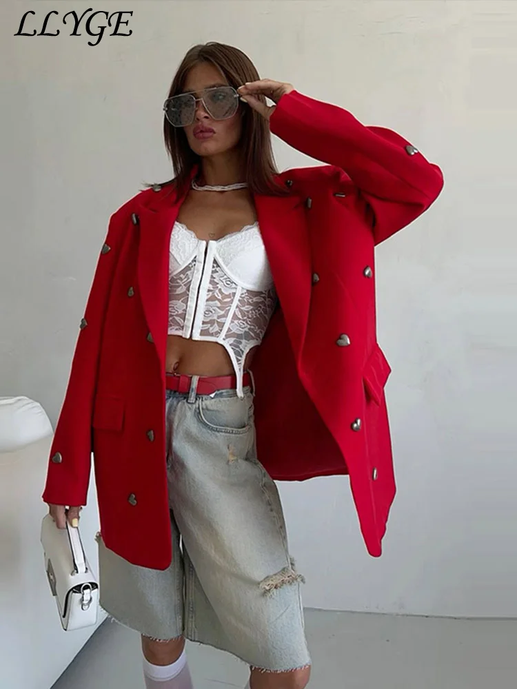 Fashion Women's Heart Rivet Blazer Loose Shoulder Pads Lapel Single Breasted Long Sleeve Jacket 2024 Autumn Lady Commute Outwear