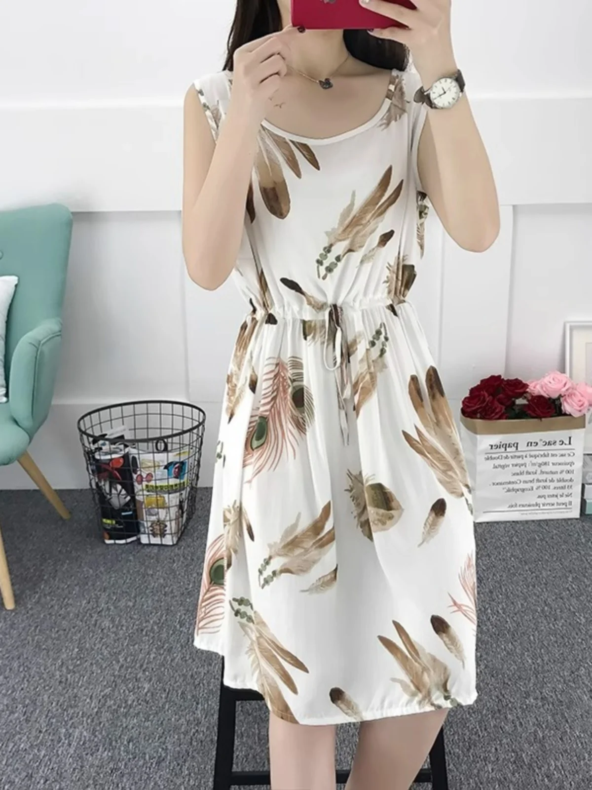 夏のファッション ハイウエスト コットンシルクワンピース レディース アウター ショート丈 花柄ベストワンピース ボヘミアンスタイル Aラインスカート