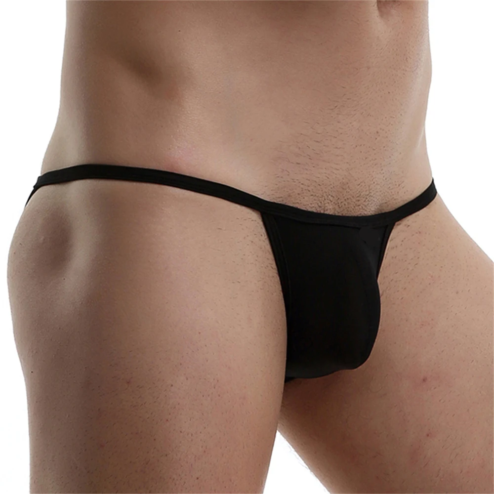 New Men\'s Sexy Revealing Buttocks Nylon Briefs Cool Ice Silk Low-Rise Underwear Bikini Pouch Panties U Convex Solid Mens Thongs