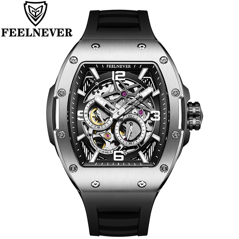 FeelNever NEW Fashion Mechanical Man Watch Luxury Hollow Silicone  Automatic Watches for Men Waterproof Casual Sports Wristwatch