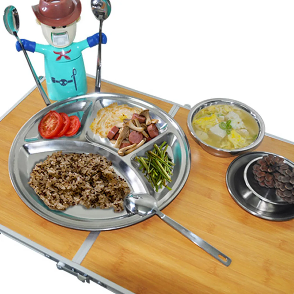 

4-Grids Stainless Steel Serving Plate Polished Surface Multipurpose Divided Dinner Plate for Family Restaurant Picnic