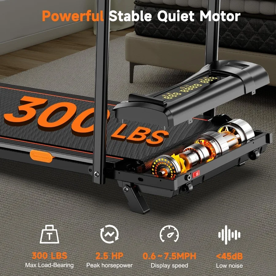 جهاز مشي وسادة المشي تحت المكتب، ميل يدوي بنسبة 100%، سعة 300 رطل، جهاز مشي صغير محمول قابل للطي بقوة 2.5 حصان للمنزل، متوافق مع التطبيق