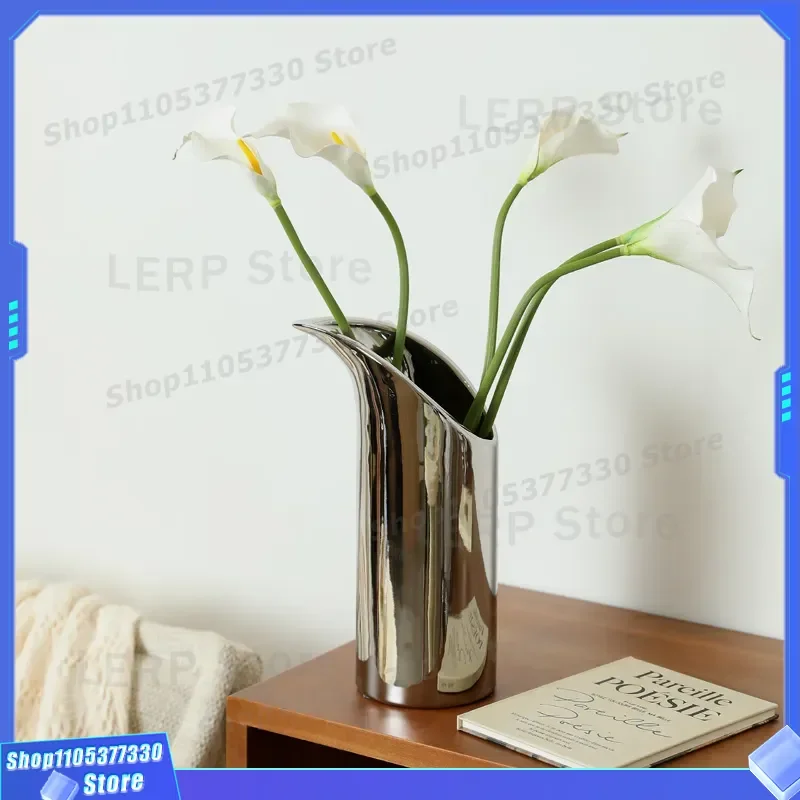 Modern Electroplated Silver Ceramic Vase for Dried Flower Arrangement Creative Home Soft Decoration Ornament for Living Room