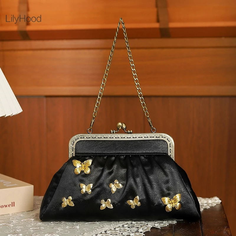 Female Retro Chic Butterfly Small Size Mobile Phone Handbag Women Chinese Victorian Cottagecore Evening Black Side Shoulder Bag