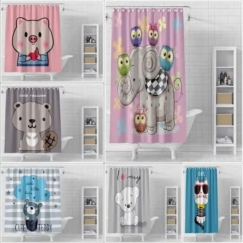 

Cartoon Shower Curtain Thickened Waterproof Cloth Bathroom Partition Curtain Dormitory Non Perforated Shower Curtain