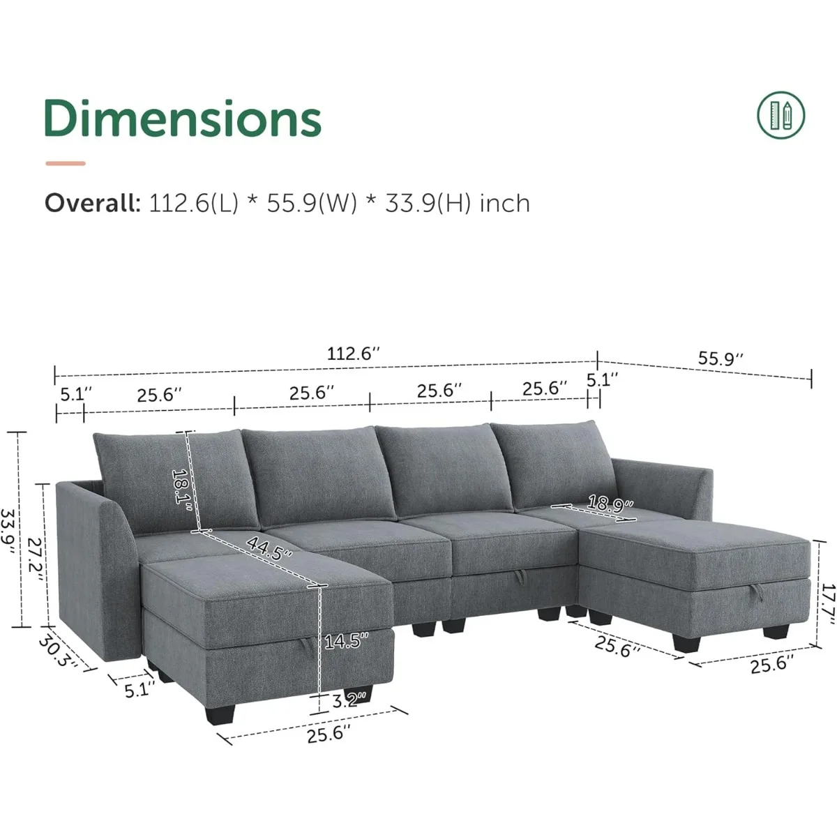 HONBAY Modular Sectional Sofa U Shaped Sectional Couch with Reversible Chaise Modular Couch with Storage, Bluish Grey