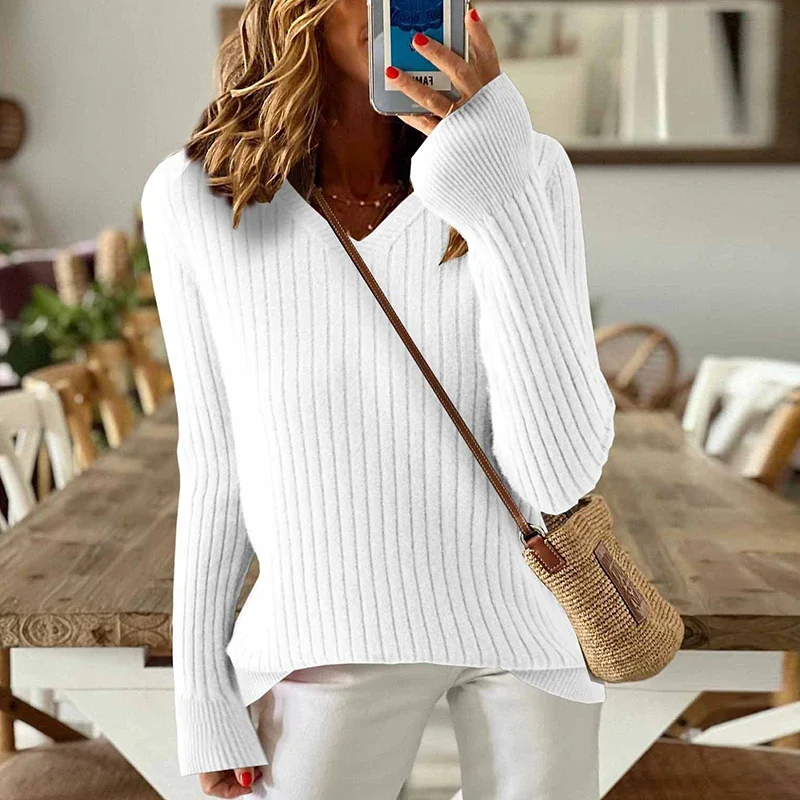 

New Autumn V Neck Long Sleeve Sweater Women Basic Tops Striped Knitted Sweaters For Women Fashion Slim Shirt Lady Jumper
