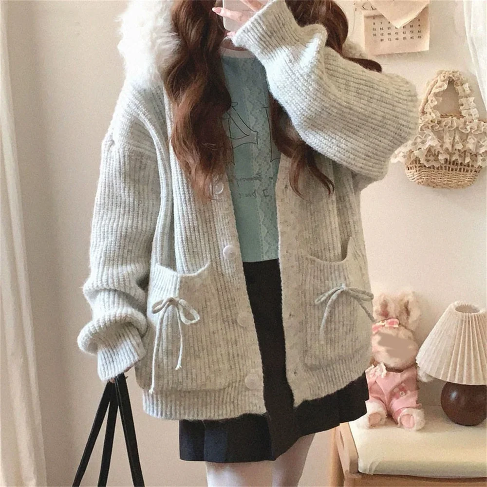 الخريف الشتاء الرمادي اليابانية الحلو الحياكة سترة فضفاضة كسول طويلة الأكمام Kawaii مقنعين سترة مع جيب خمر قمم لطيف #1