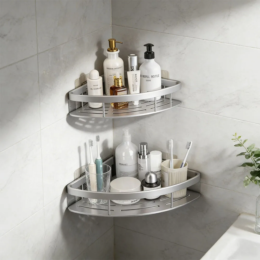 Estante de pared sin taladro rectangular esquina para baño
