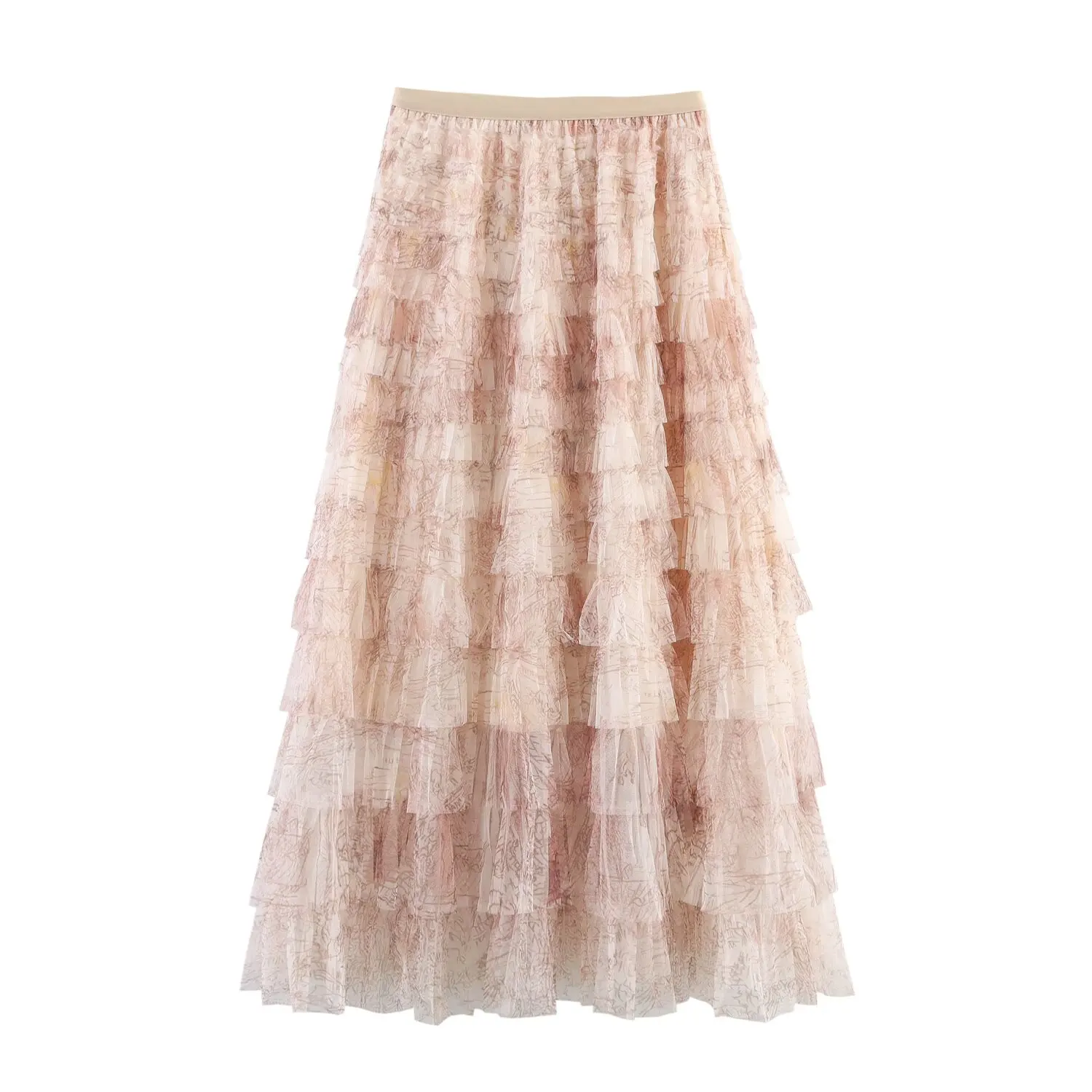 PB&ZA2025 Summer New High Waist Retro Tie Dyeing Mesh Gradient Printed Multi Layer Cake Skirt