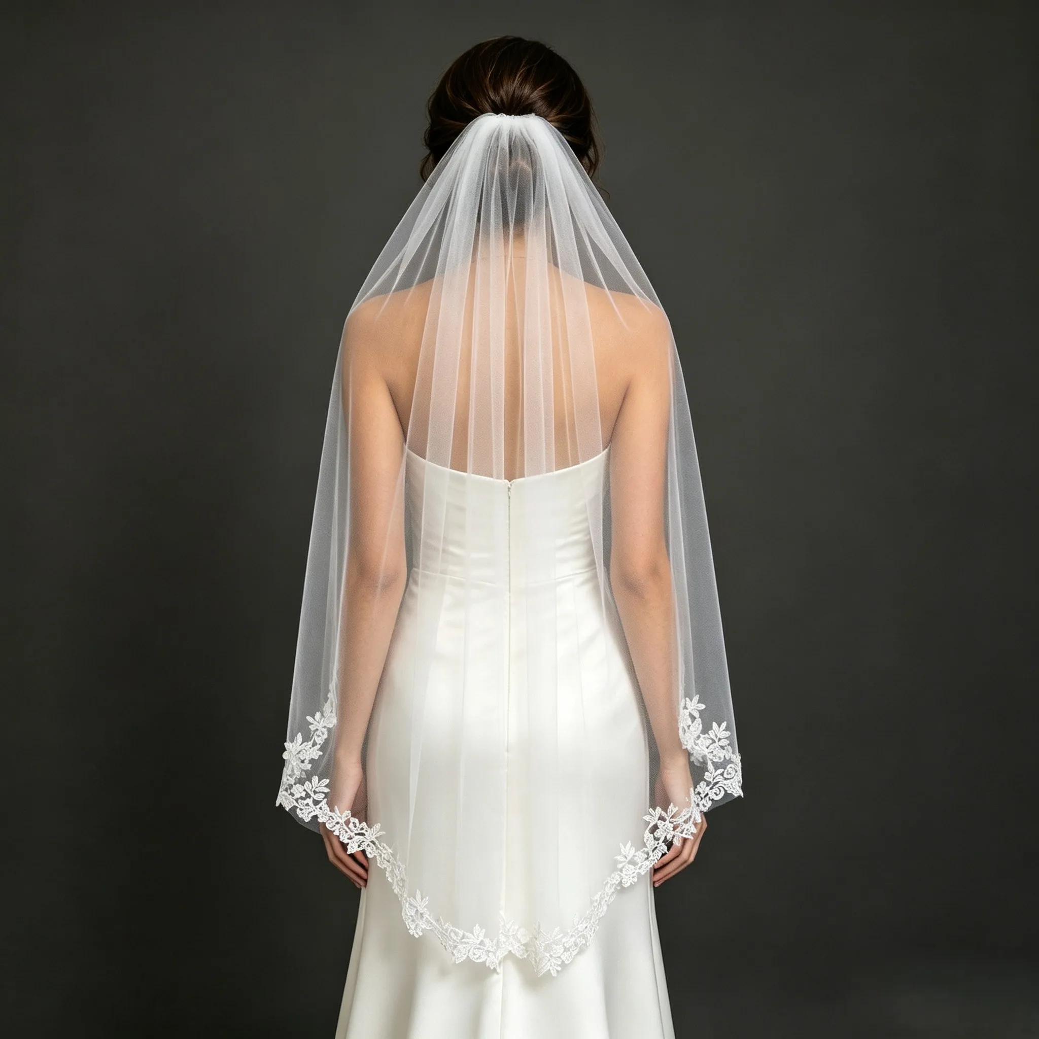 Fingertip Wedding Veil 1 Tier Floral Lace Applique Edge Soft Tulle with Comb Vintage Boho Bridal Hair Accessory G298