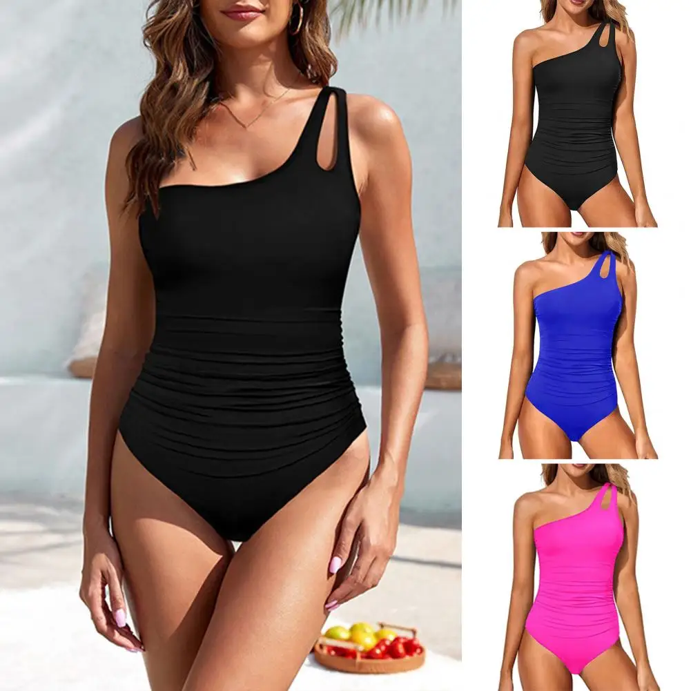 ผู้หญิง Monokini เซ็กซี่หนึ่งไหล่สีทึบบิกินี่ชิ้นเดียวสีทึบแห้งเร็ว SLIM FIT Beachwear