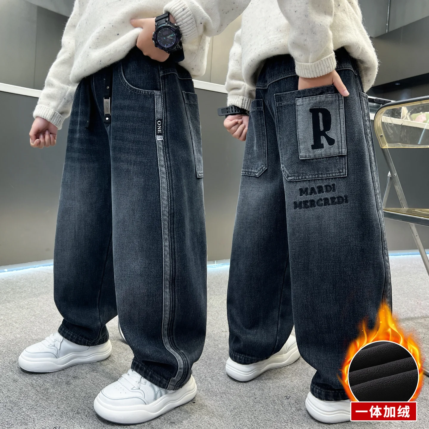 الأولاد الجينز الدافئة للأطفال السراويل الاطفال ملابس جديدة السراويل فضفاضة الشتاء/الخريف الملابس المراهقين جينز معزول غير رسمي 4-14Y