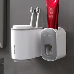 ECOCO Automatic Toothpaste Squeezer Couple Magnetic Suction Mouthwash Cup Toothbrush Storage Rack Bathroom Wall Mounted Shelf