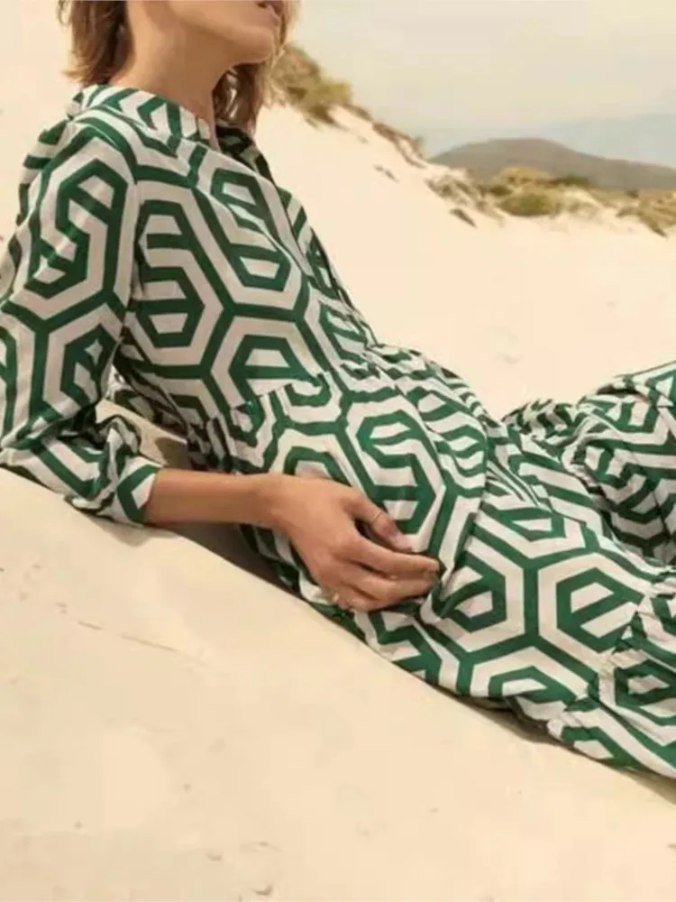 春夏の新作レディース長袖ラペルグリーン幾何学模様プリントシャツスタイルミッドレングスドレス