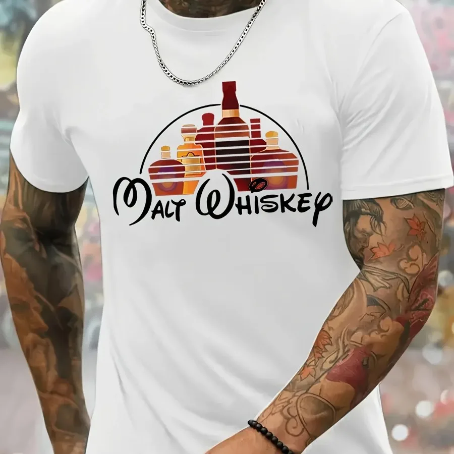 

Men's Round Neck Short Sleeved T-shirt with Whiskey Bottle Graphic Summer Fashion T-shirt Casual and Comfortable Breathable Top