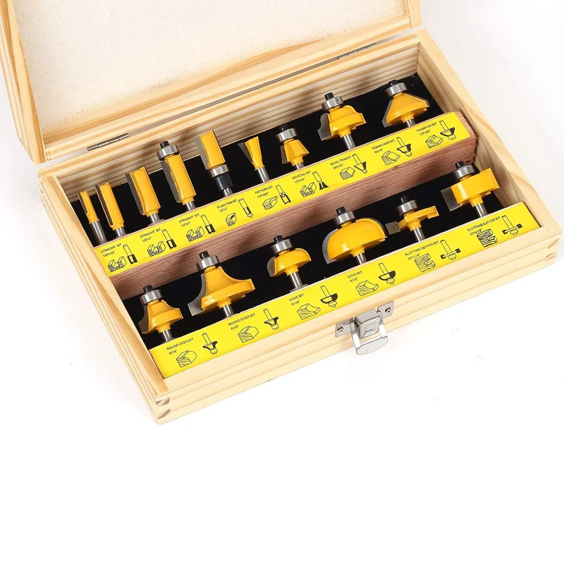 15 Pieces Drill Bit Set Bearing Woodworking Tools for Beginners Router Drill Bit Set for DIY, Straight, Dovetail, Chamfer