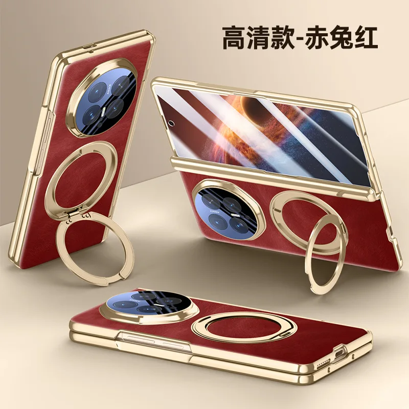 

Funda for Honor Magic V6 Case Plating Hinge Leather Magnetic Ring Stand Holder Protection Cover Front Glass Film Protector