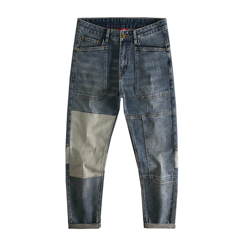 Мужские джинсы облегающего кроя, маленькие прямые эластичные джинсы контрастного цвета с нашивкой, модные трендовые длинные брюки