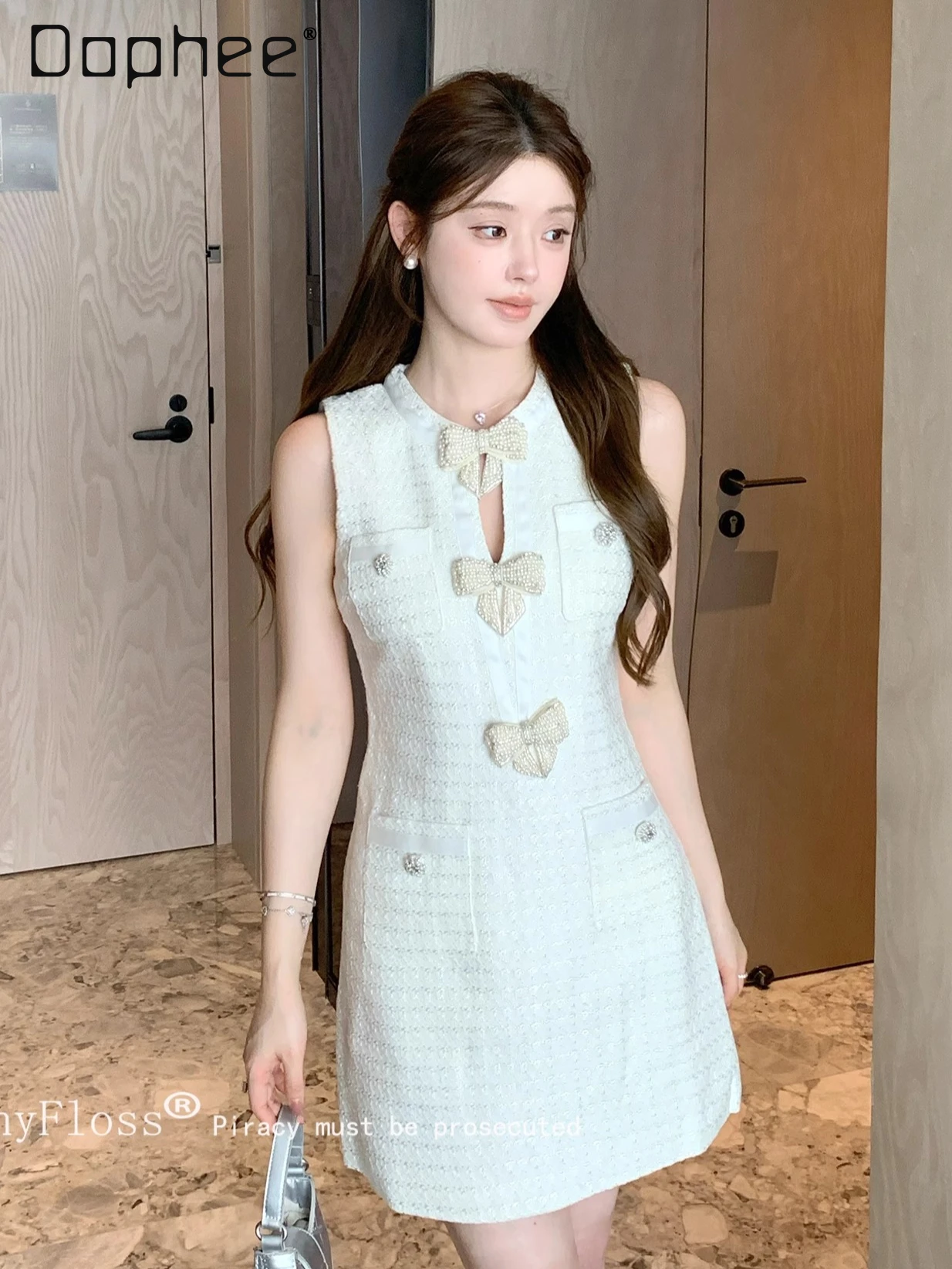 

High Sense Pearl Bow Temperament Dress for Women Light Luxury Sleeveless Flash Diamond High Waist A-line Dress Evening Dresses