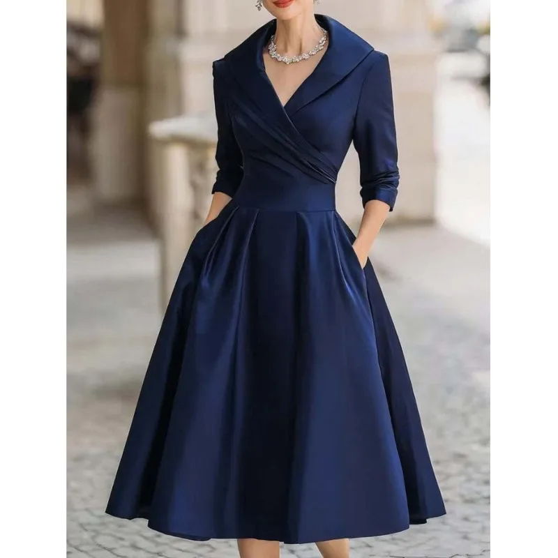 Fashion Temperament 2025 Women's Dress V-neck Long Sleeve Turn-down Collar Maxi Dresses Slim Waist Office Lady Wedding Vestidos