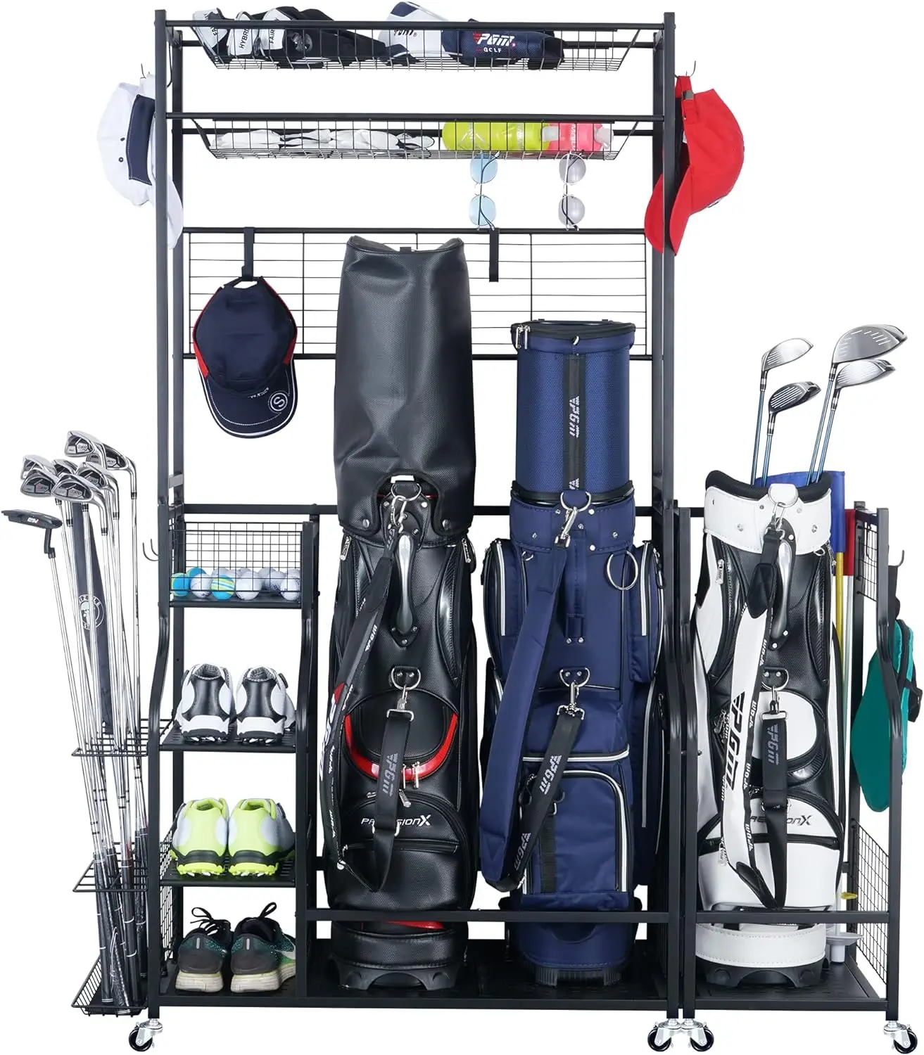 

Golf Bag Storage Garage Organizer,2 Golf Bags Storage Stand and Golfing Equipment Accessories Storage Rack with 4 R