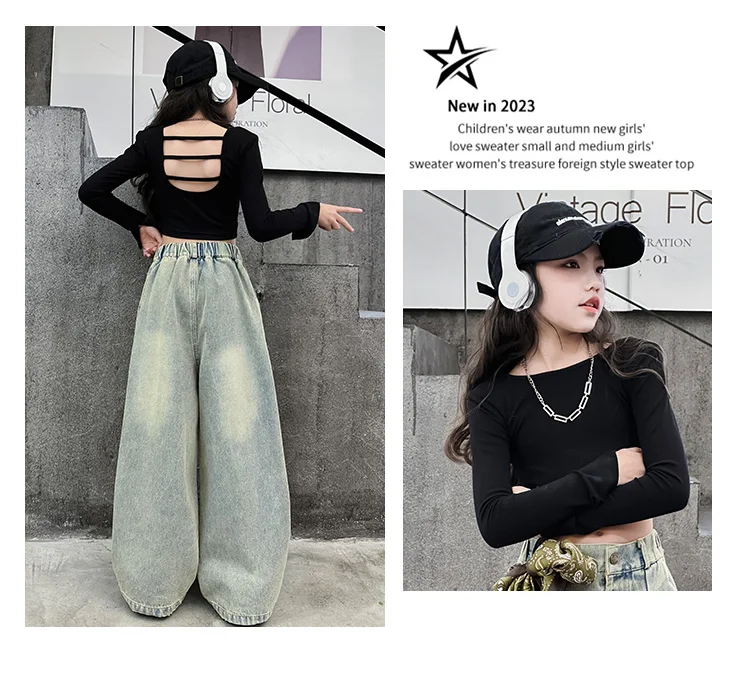 5-14 Jahre Mädchen-Jeans Frühling Herbst Junior Kinder Vintage Street-Style Weite Bein Denim-Hose Koreanische Teenager Streetwear Hose – Detail 3