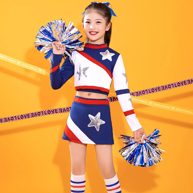 Pompoms And Socks Girls Cheerleading Uniform Dance Costume Long Sleeves Kids Cheerleader Outfit Round Neckline Patchwork Style D